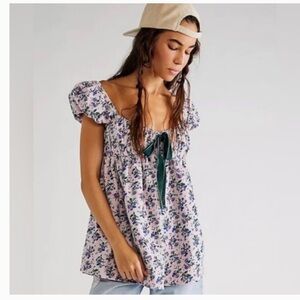 Free People Pink Floral Tie-Front Puff Sleeve Tunic